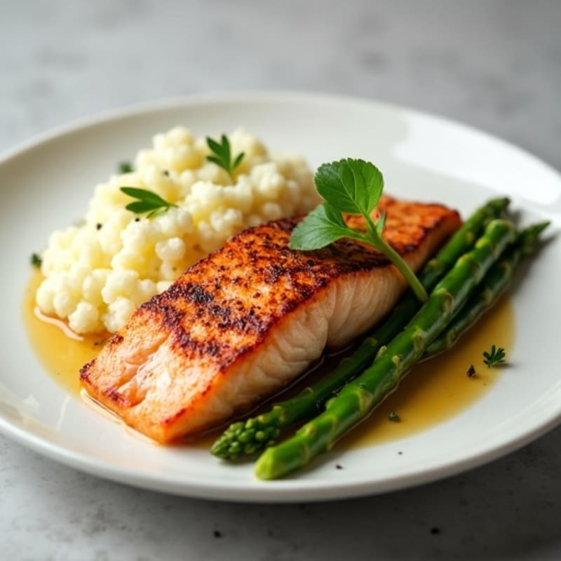 Seared Salmon with Steamed Asparagus and Mashed Cauliflower
