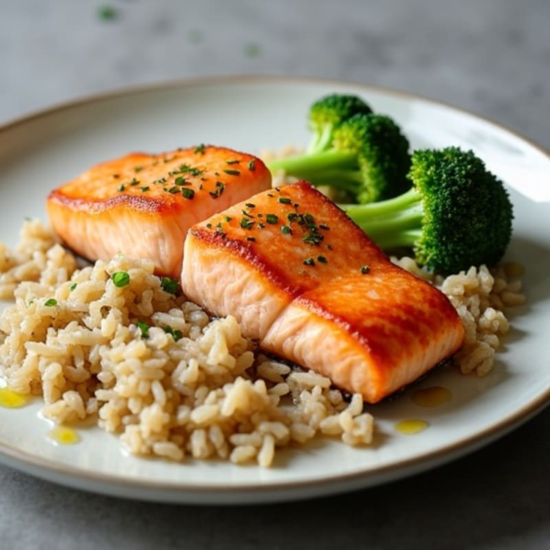 Pan-Seared Salmon with Steamed Broccoli and Brown Rice