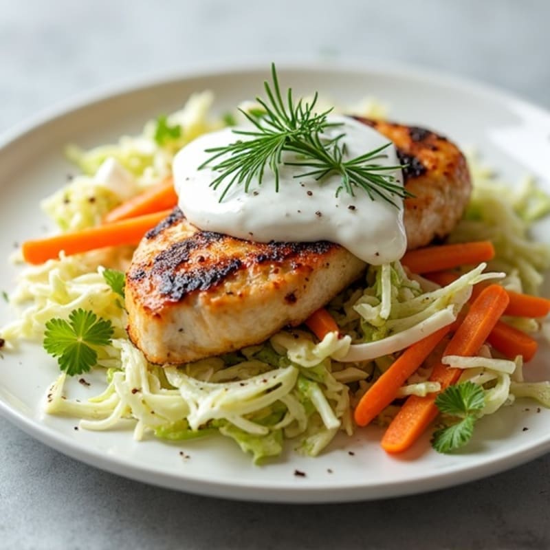 Grilled Chicken Breast with Crunchy Cabbage Slaw and Greek Yogurt Dressing