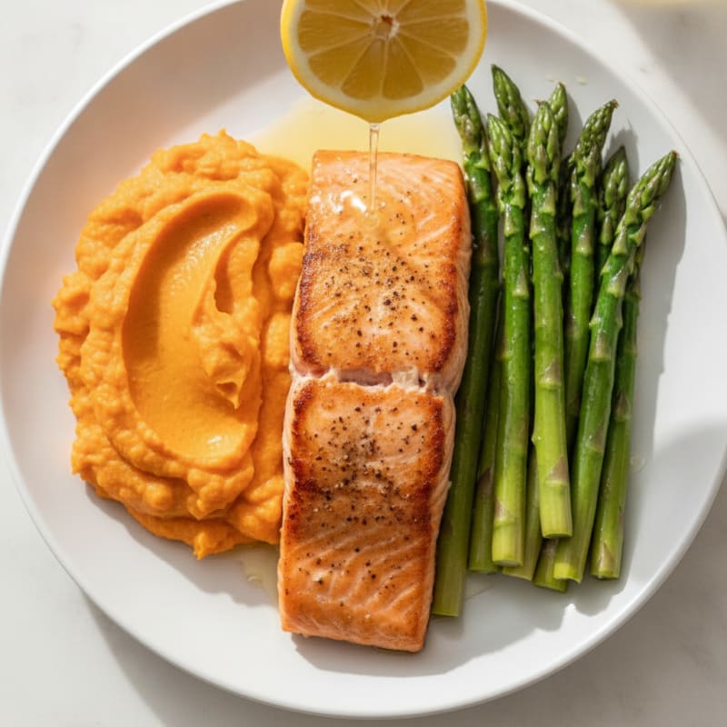 Seared Salmon with Steamed Asparagus and Sweet Potato Mash