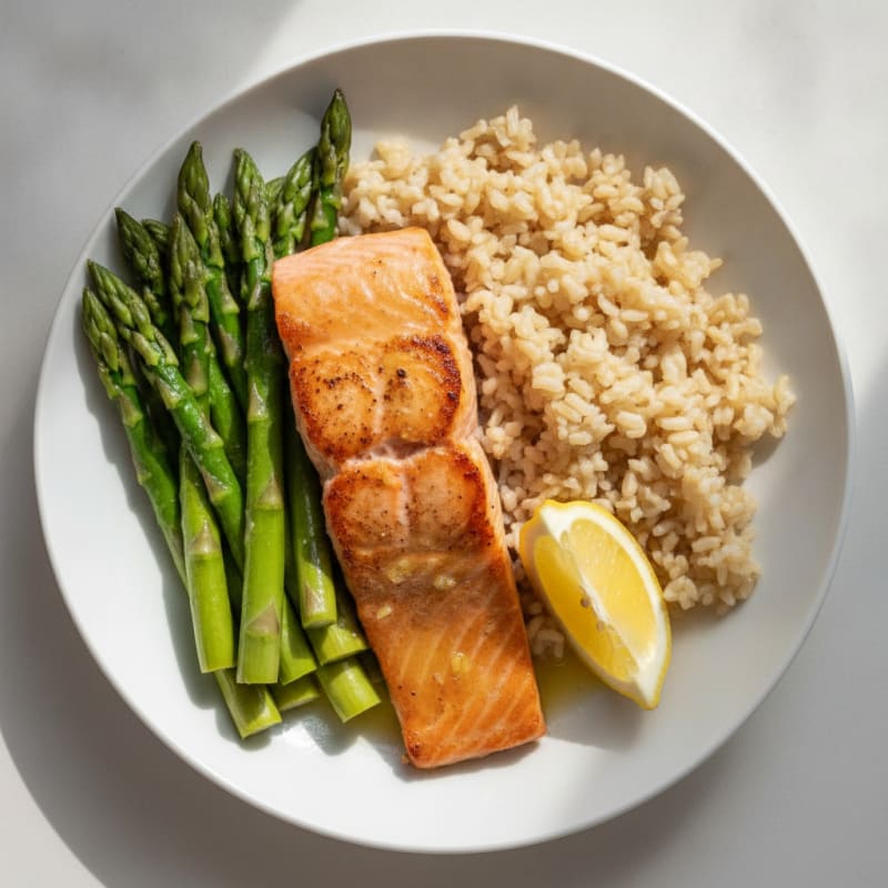 Seared Salmon with Steamed Asparagus and Brown Rice