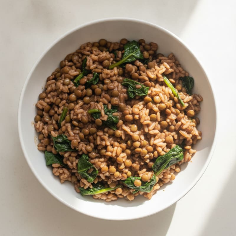 Spinach Lentil Brown Rice Bowl with Soy Milk and Cacao