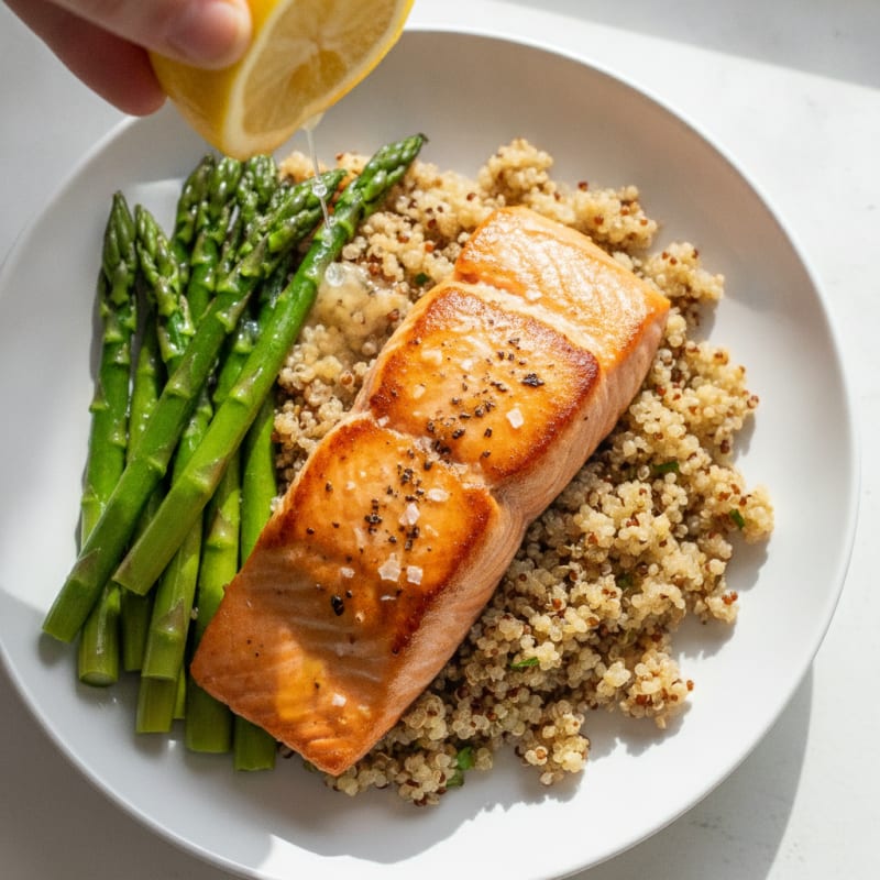 Seared Salmon Fillet with Quinoa and Steamed Asparagus