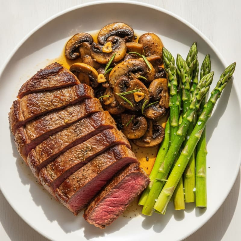 Pan-Seared Aged Beef Round Steak with Garlic-Herb Mushrooms