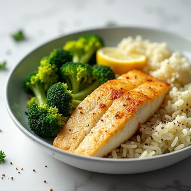 Lemon Garlic Seared Tilapia with Steamed Broccoli and Cauliflower Rice