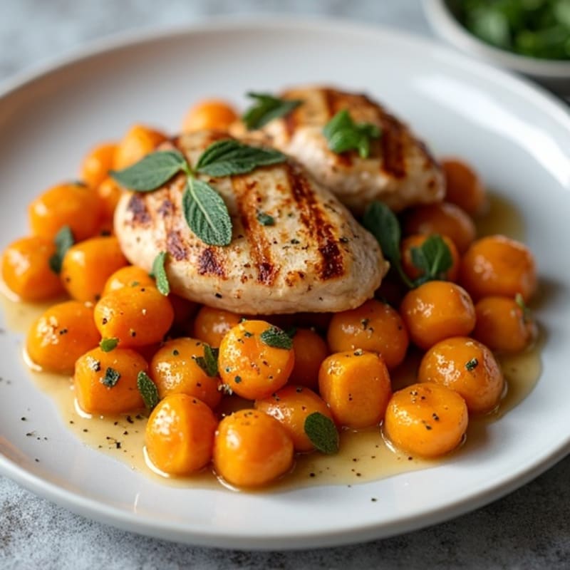 Herb-Roasted Sweet Potato Gnocchi with Sage Brown Butter and Grilled Chicken