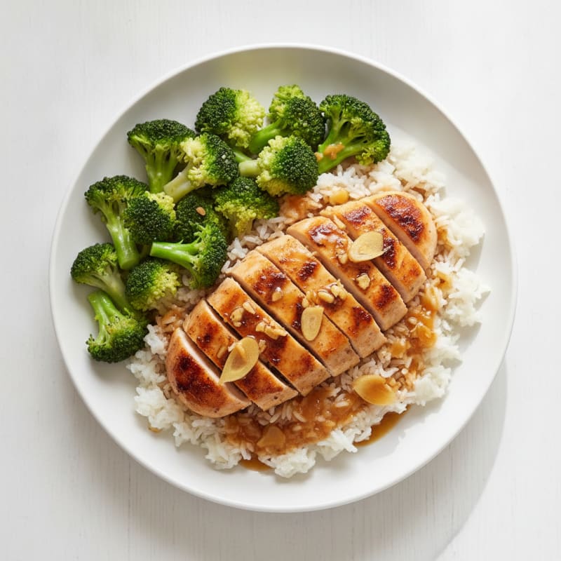 Ginger-Garlic Chicken Breast with Steamed Broccoli and Jasmine Rice