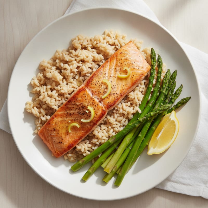 Seared Salmon Fillet with Steamed Asparagus and Brown Rice