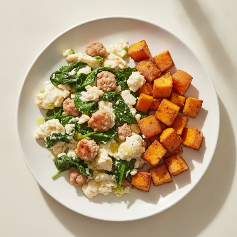 Egg White and Turkey Sausage Scramble with Spinach and Roasted Sweet Potatoes