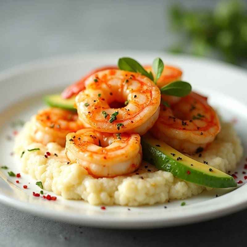 Creamy Cauliflower Grits with Spicy Garlic Shrimp