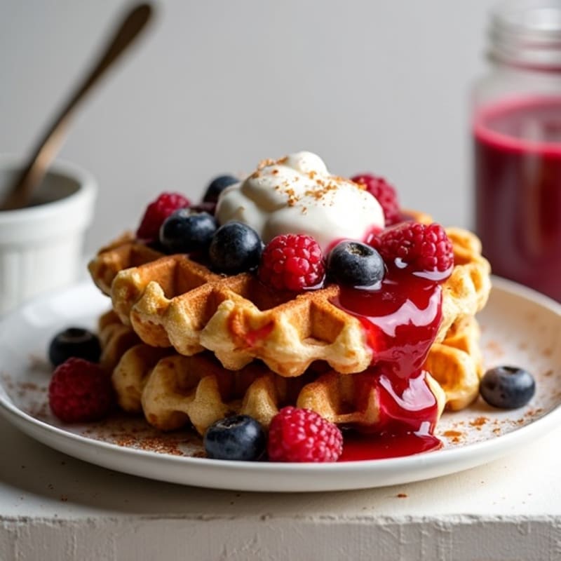 Crispy Protein Waffles with Berry Compote and Creamy Yogurt