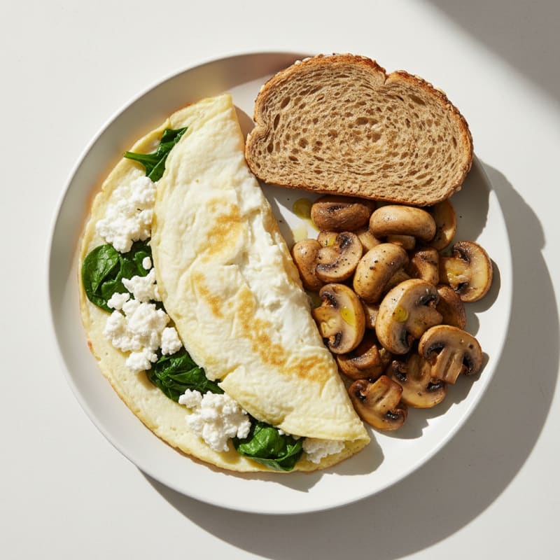 Egg White Spinach Omelet with Cottage Cheese and Sautéed Mushrooms