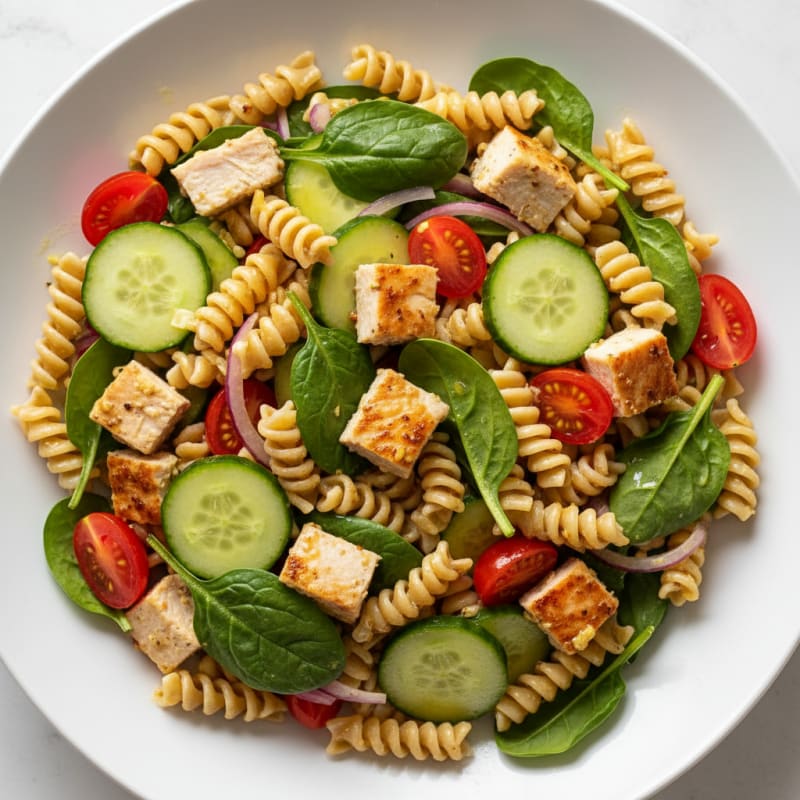 Turkey Spinach Pasta Salad with Lemon Vinaigrette