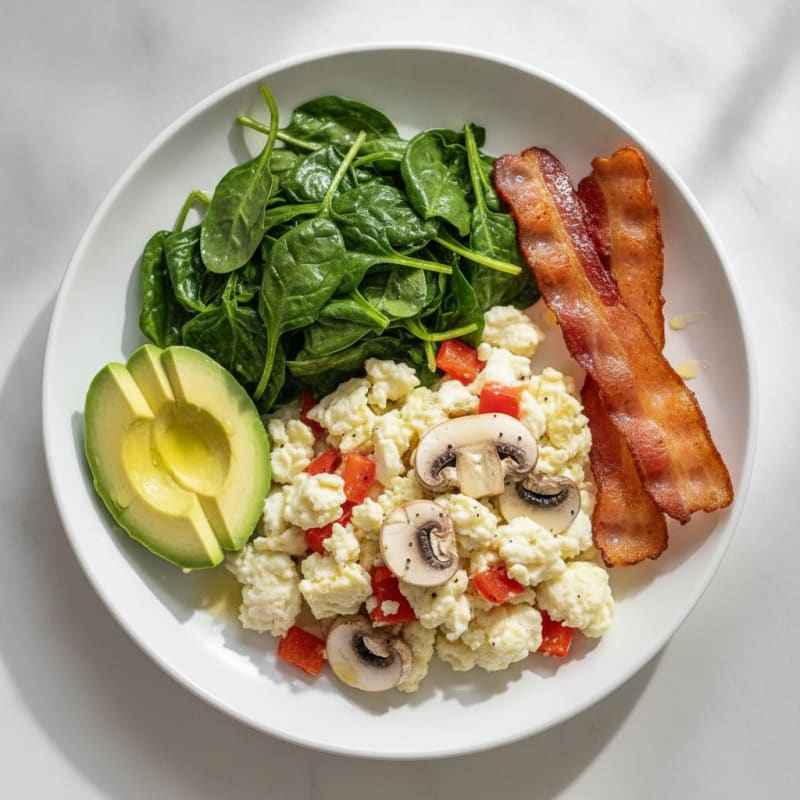 Egg White Veggie Scramble with Sautéed Spinach and Turkey Bacon