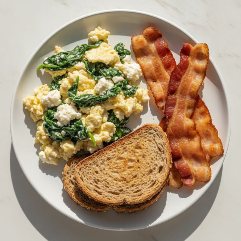 Crispy Turkey Bacon and Spinach Egg White Scramble with Cottage Cheese