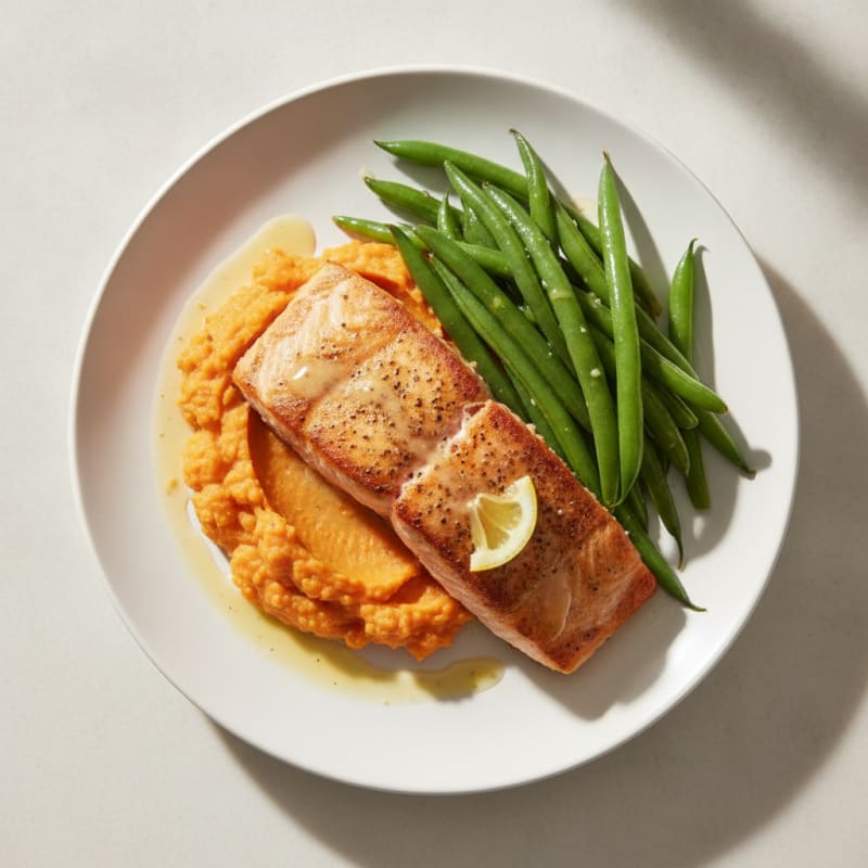 Seared Salmon with Steamed Green Beans and Sweet Potato Mash