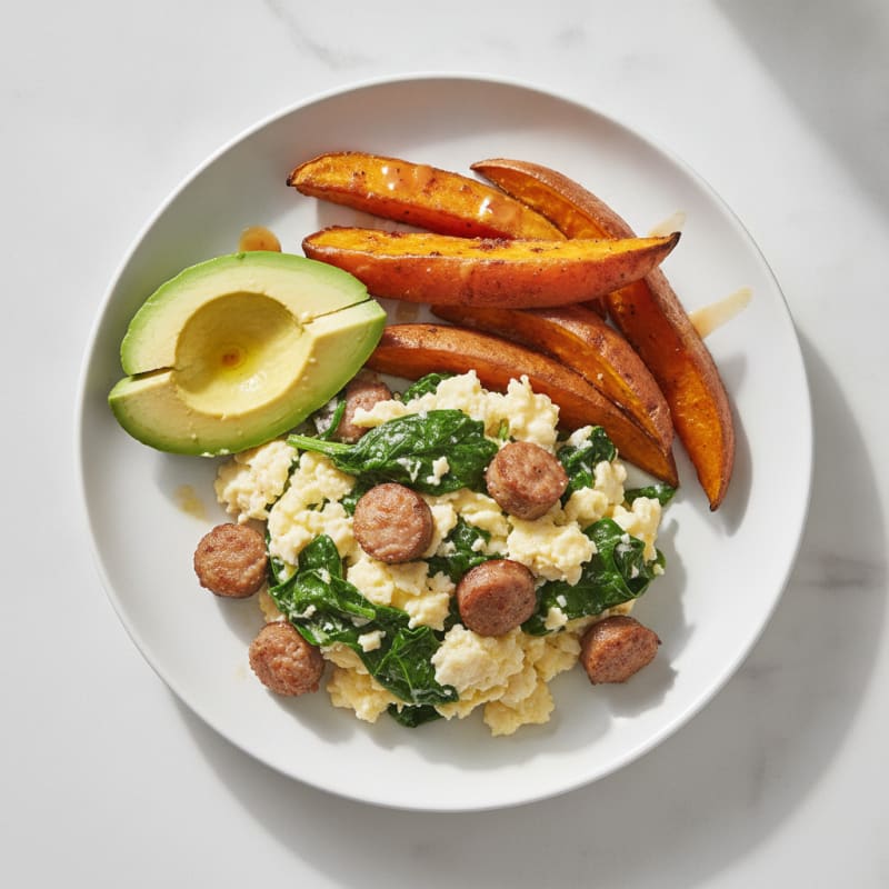Scrambled Egg Whites with Turkey Sausage and Sautéed Spinach