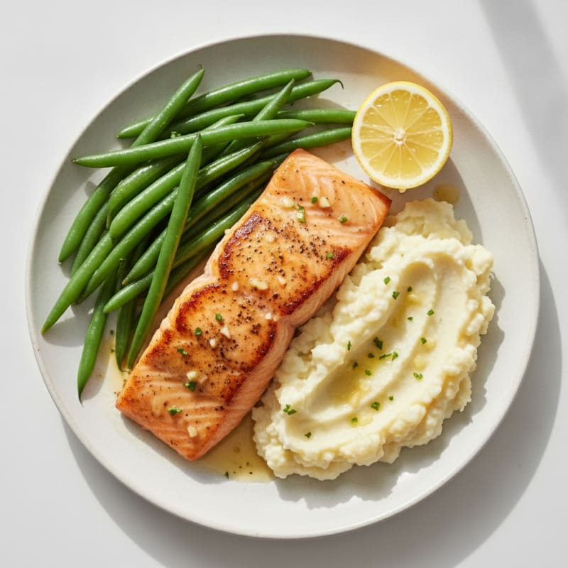 Seared Salmon with Steamed Green Beans and Garlic Mashed Cauliflower