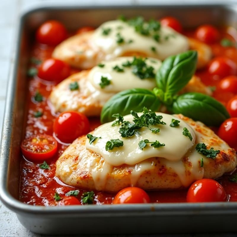 Sheet Pan Chicken with Roasted Tomatoes, Fresh Basil, and Melty Mozzarella