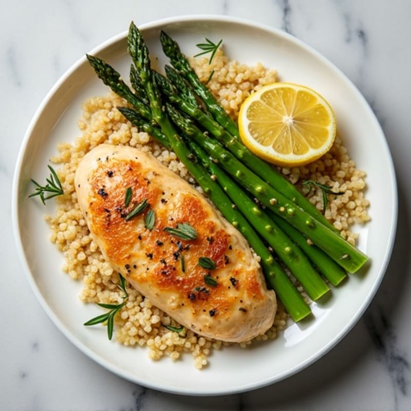Lemon Herb Chicken with Fluffy Quinoa and Roasted Asparagus