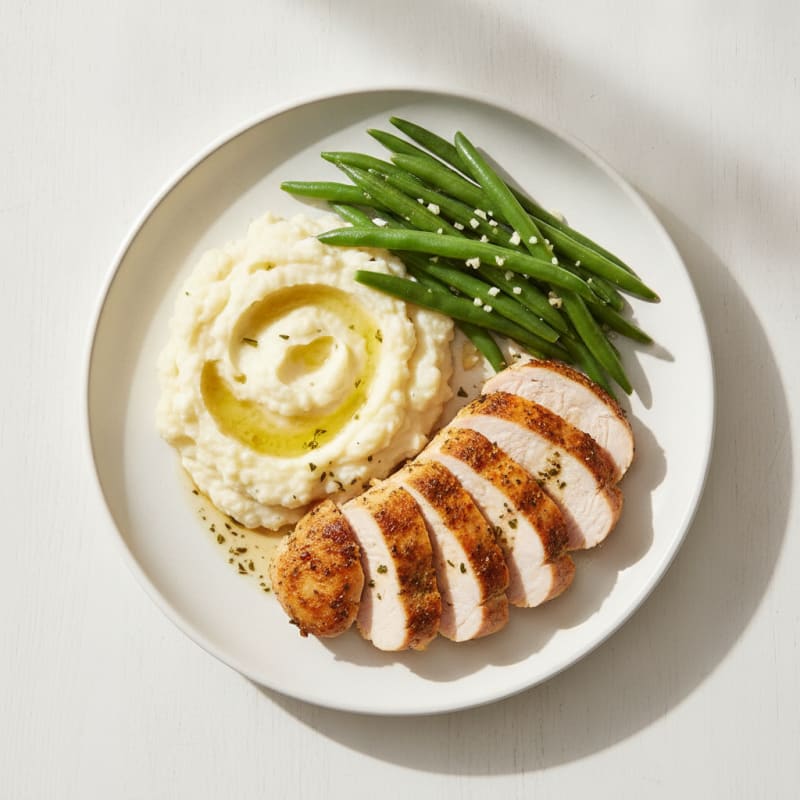 Seared Turkey Breast with Steamed Green Beans and Mashed Cauliflower