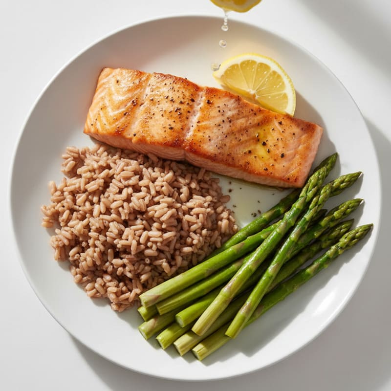 Seared Salmon with Steamed Asparagus and Brown Rice