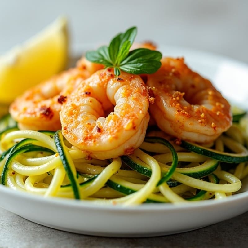 Crispy Pan-Seared Lemon-Garlic Shrimp with Zucchini Noodles