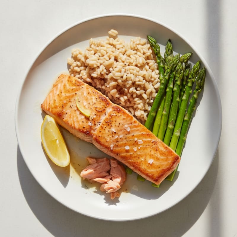 Seared Salmon Fillet with Steamed Asparagus and Brown Rice