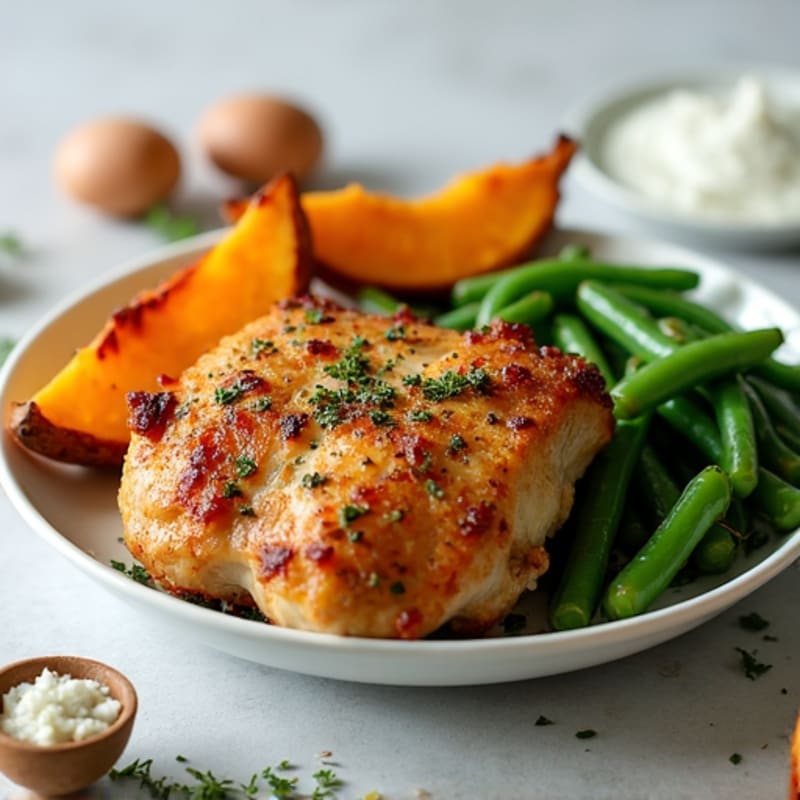 Herb-Roasted Chicken Thighs with Crispy Sweet Potato Wedges and Green Beans