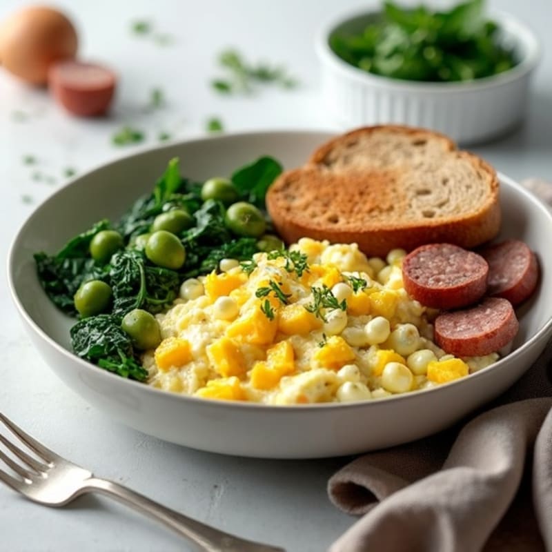 Egg White Scramble with Turkey Sausage and Sautéed Spinach