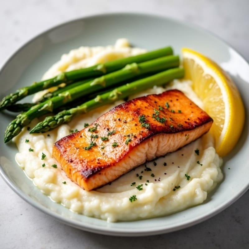 Seared Salmon with Steamed Asparagus and Cauliflower Mash