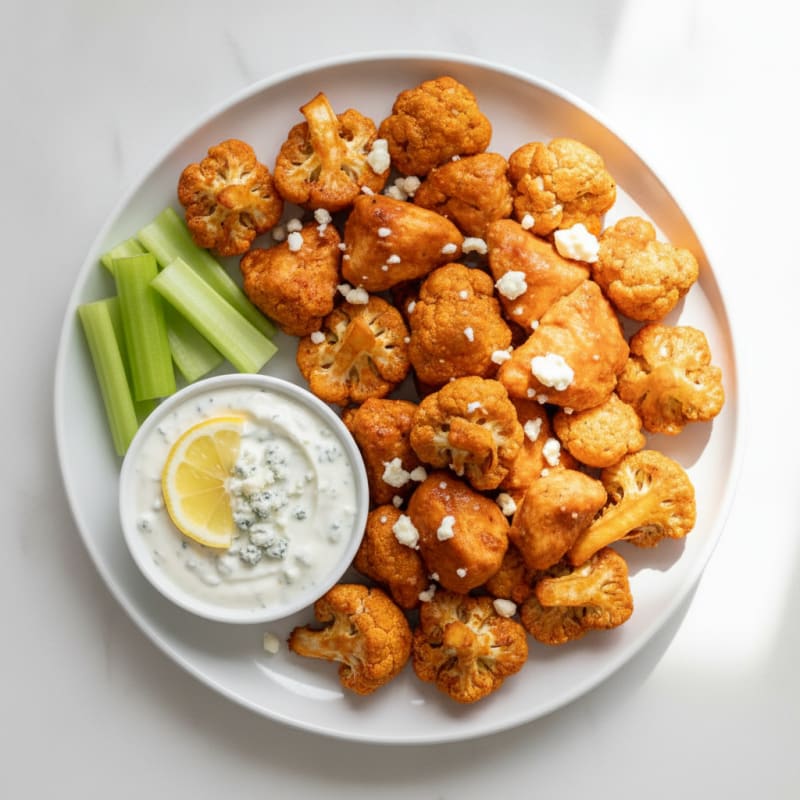 Buffalo Cauliflower and Chicken Bites with Blue Cheese Dip