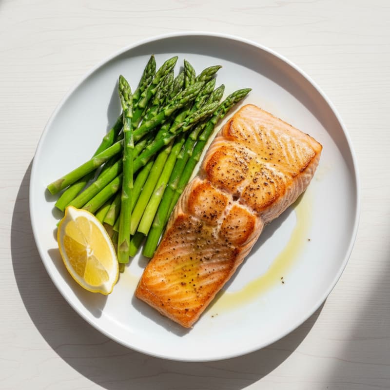 Seared Salmon Fillet with Steamed Asparagus and Lemon