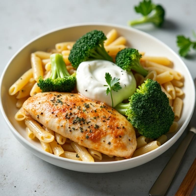 Creamy Garlic Chicken Pasta with Roasted Broccoli
