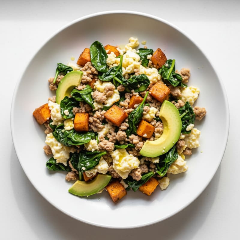 Egg White and Turkey Scramble with Sautéed Spinach
