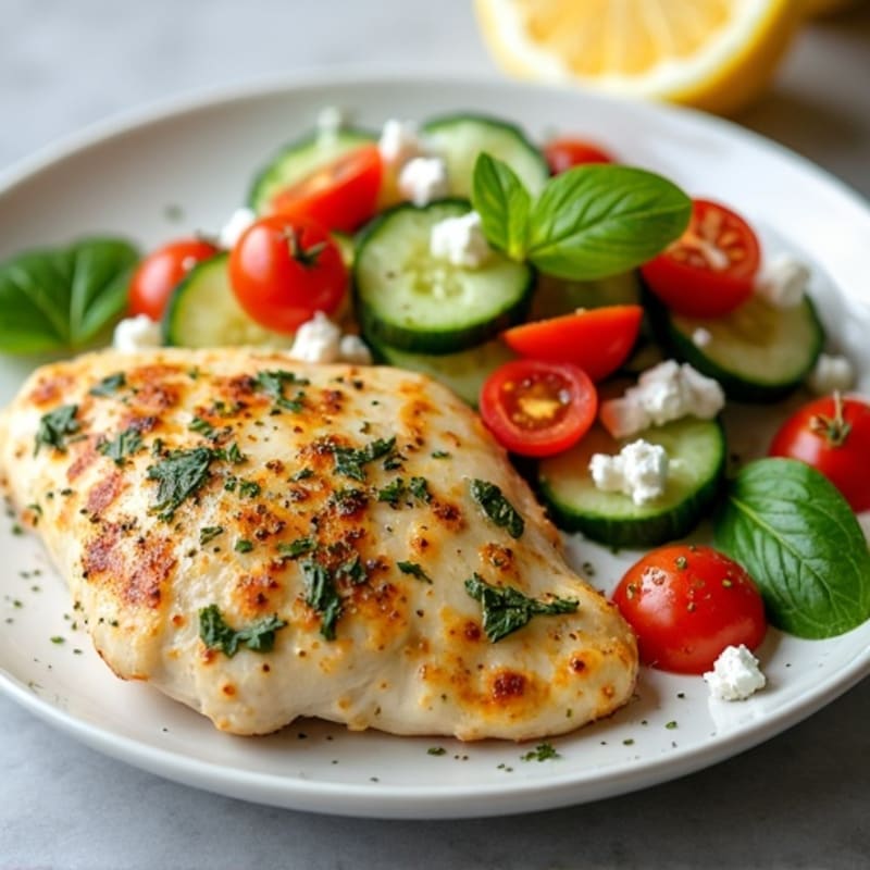Herb-Marinated Chicken with Fresh Cucumber Tomato Salad and Creamy Feta
