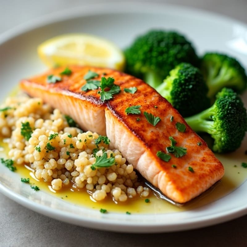 Seared Salmon with Lemon Herb Quinoa and Steamed Broccoli