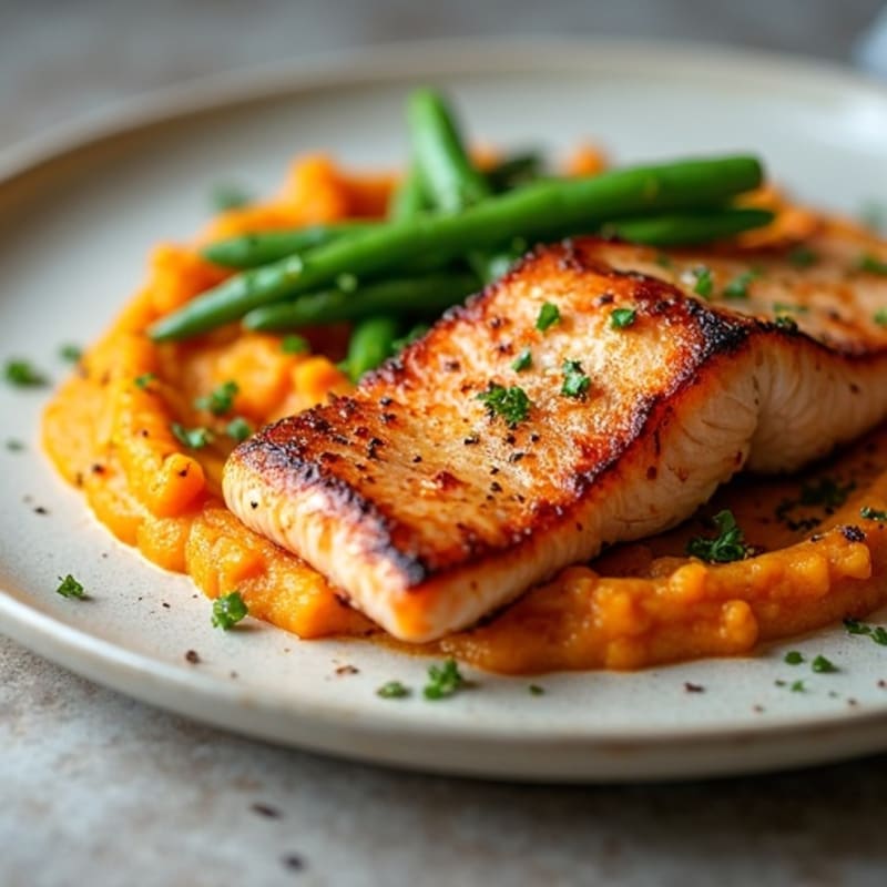 Seared Salmon with Steamed Green Beans and Sweet Potato Mash