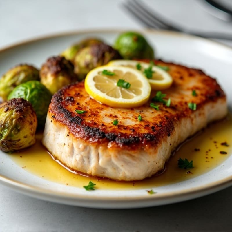 Lemon-Garlic Pan-Seared Pork Chops with Crispy Brussels Sprouts