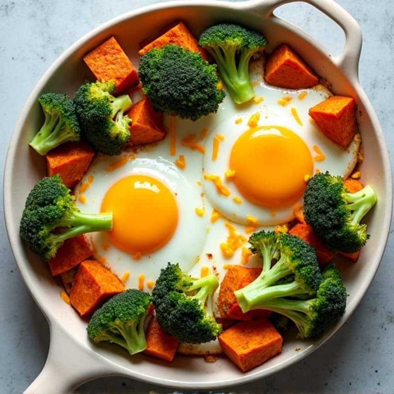 Sheet Pan Baked Eggs with Roasted Sweet Potatoes and Broccoli