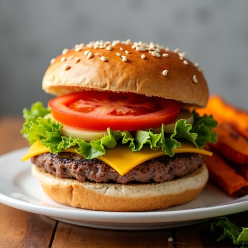 Lean Beef Cheeseburger with Crispy Roasted Sweet Potato Fries