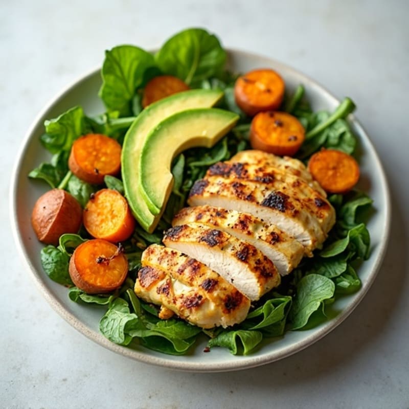 Grilled Chicken Salad with Roasted Sweet Potatoes, Fresh Greens, and Creamy Avocado Dressing