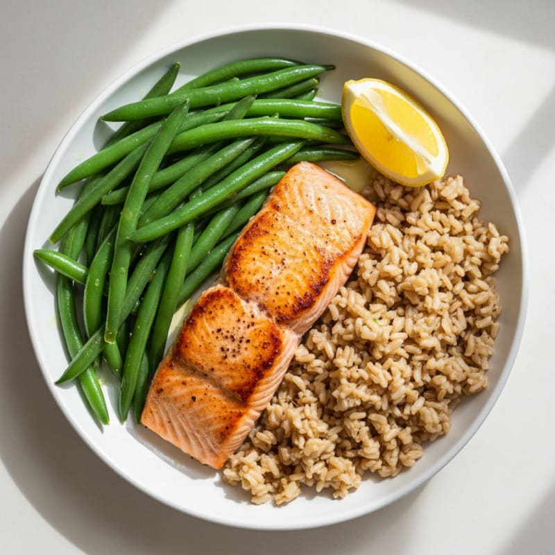 Seared Salmon with Steamed Green Beans and Brown Rice