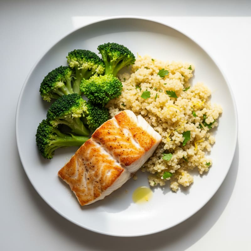 Seared Cod with Steamed Broccoli and Lemon Zest Quinoa