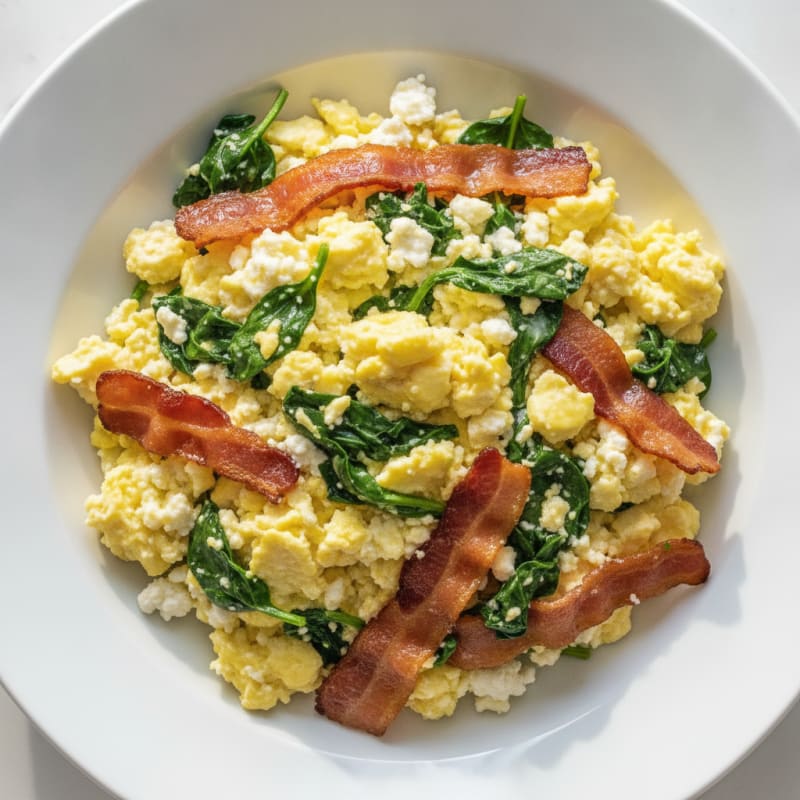 Cottage Cheese Egg Scramble with Spinach and Turkey Bacon