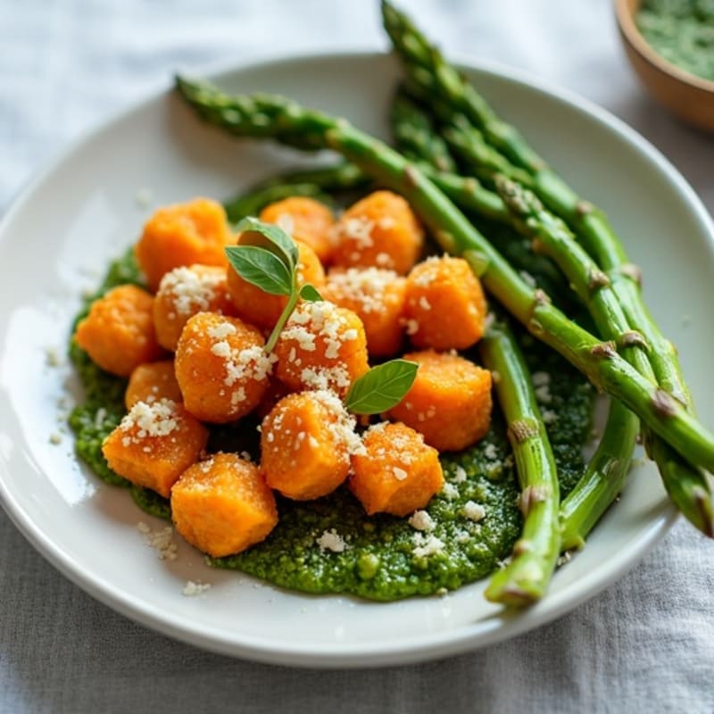 Crispy Sweet Potato Gnocchi with Fresh Basil Pesto and Roasted Asparagus