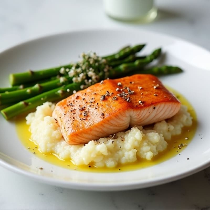 Seared Salmon with Steamed Asparagus and Cauliflower Mash