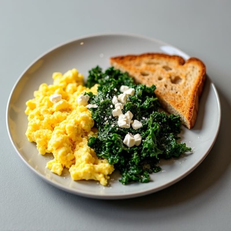 Fluffy Scrambled Eggs with Sautéed Greens and Crispy Whole Grain Toast