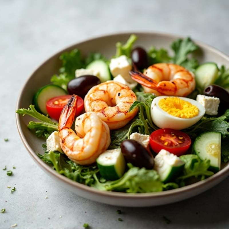 Grilled Shrimp Salad with Mixed Greens, Olives, and Feta