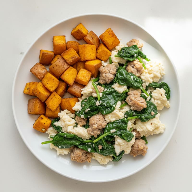 Egg White and Turkey Sausage Scramble with Spinach and Roasted Sweet Potatoes